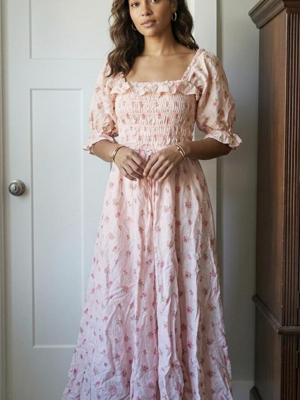 Pink Floral Smocked Maxi Dress